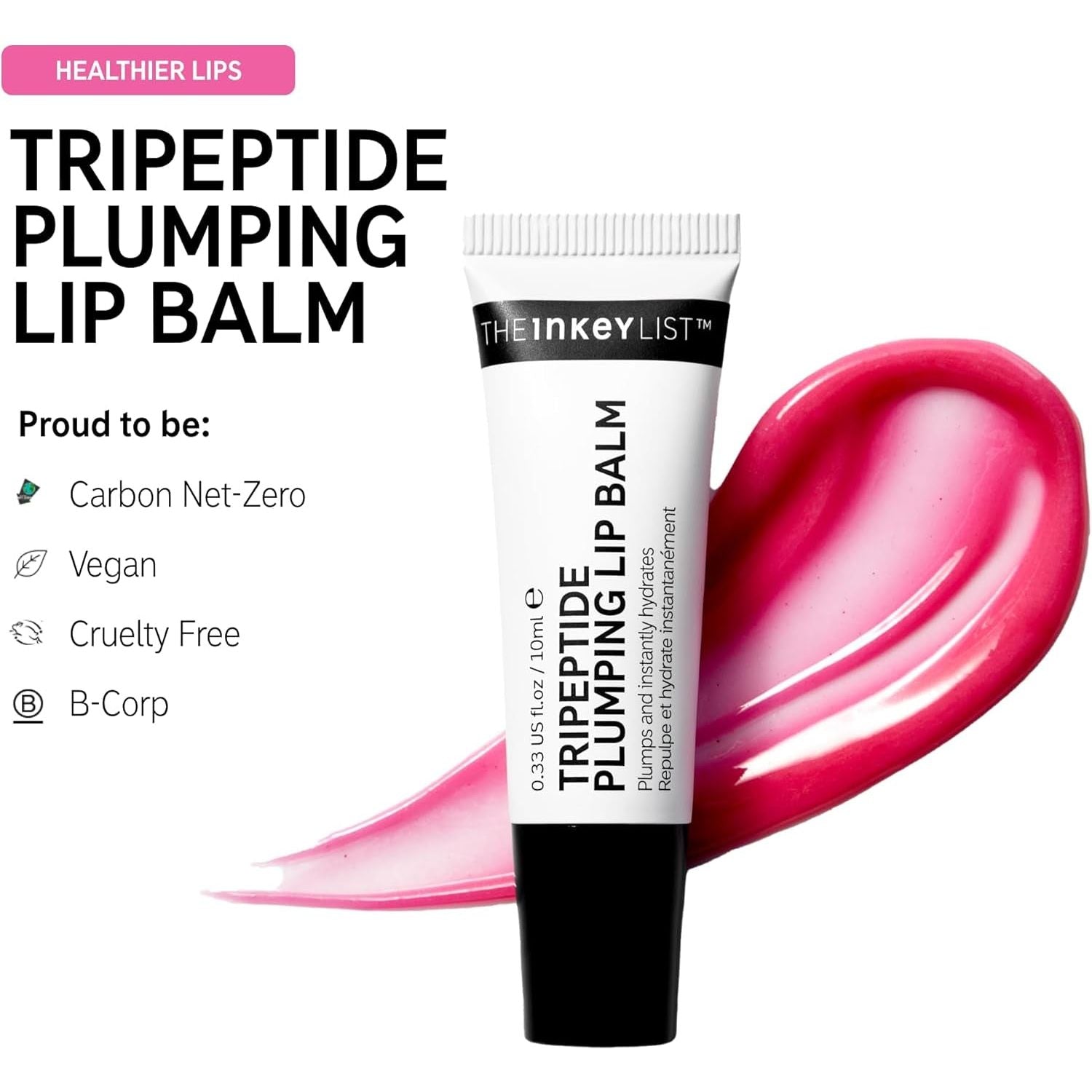 Tripeptide Plumping Lip Balm 10Ml, Clinically Proven Plumping Tinted Lip Care, Hydrates Dry Cracked Lips, Vegan & Cruelty Free, Pink Tint