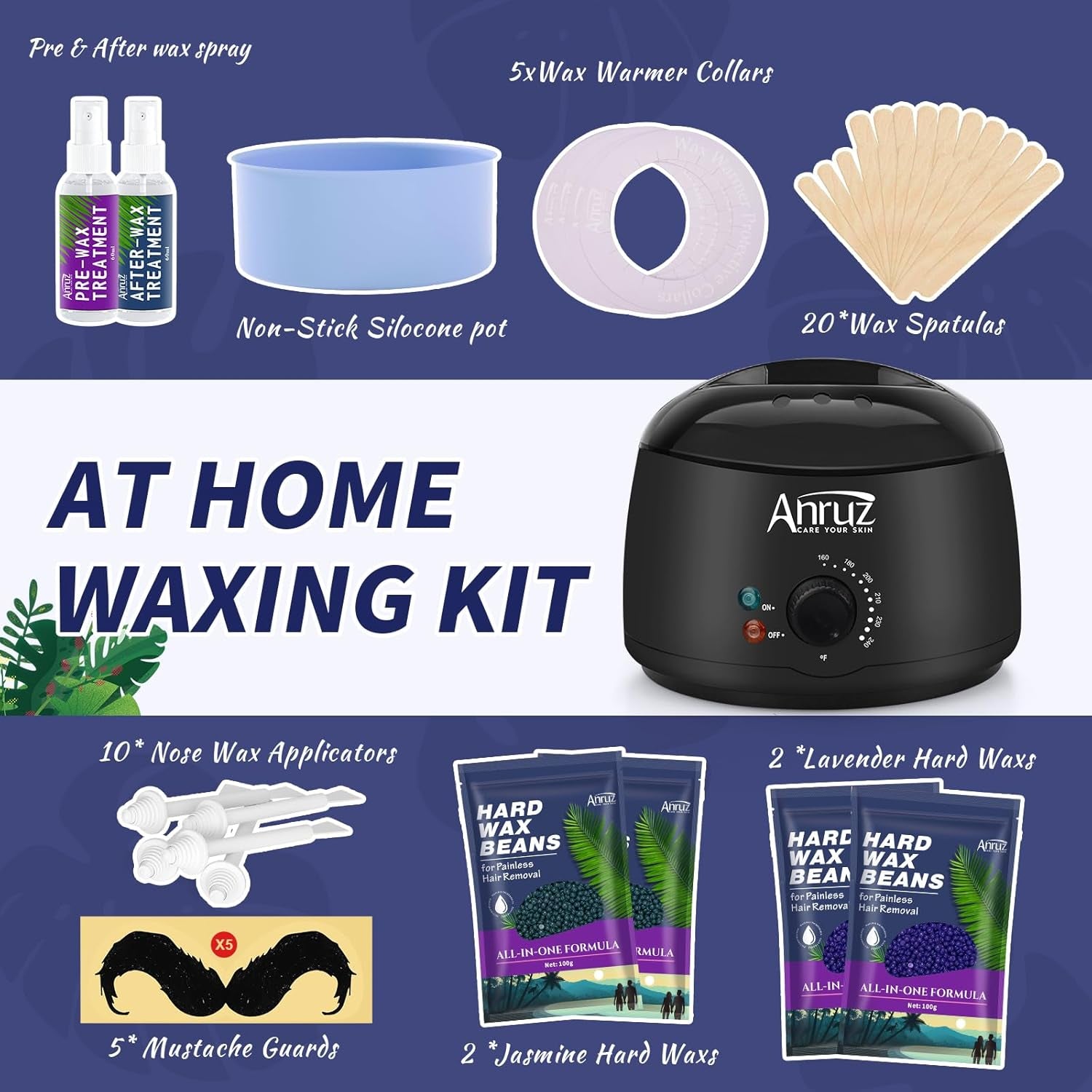 Waxing Kit, Wax Kit for Hair Removal, Wax Pot for Waxing Professional with Silicone Bowl,4 Bags Wax Beads and 20 Applicator Sticks, 2 Treatment Oils-At Home Wax Machine for Full Body Waxing