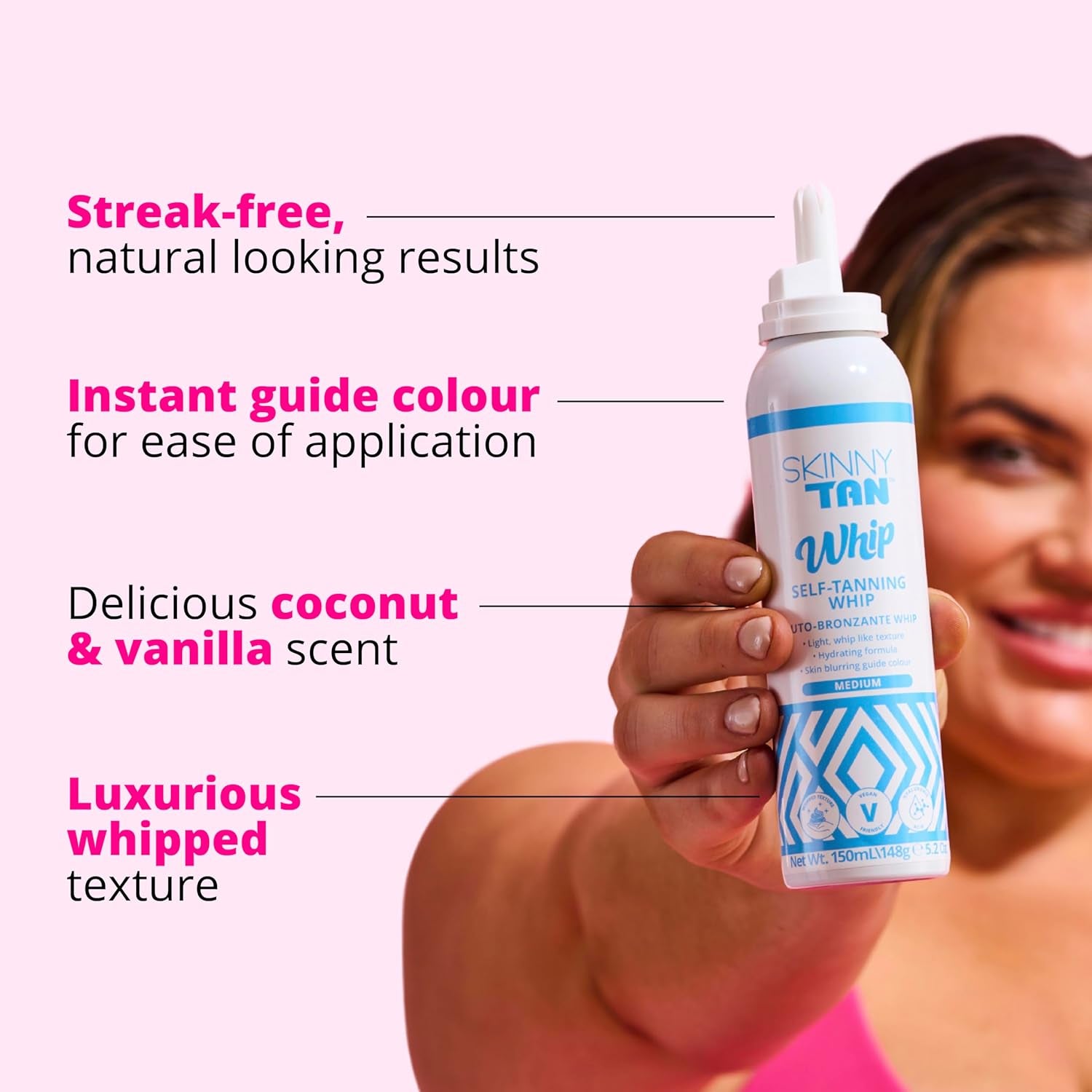 Self Tanning Whip Medium - Instant Fake Tan for Streak Free, Radiant & Natural Glow, Cruelty-Free, Paraben Free & Vegan Skincare with Coconut & Vanilla Aroma - Medium Self Tan, 150Ml